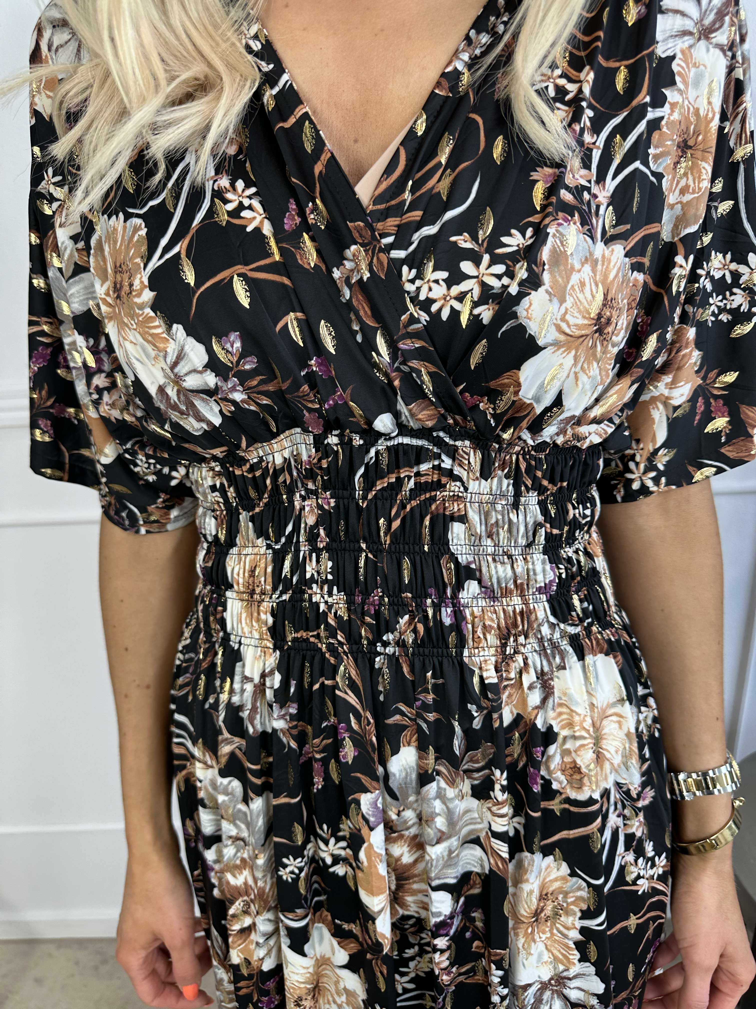 Pams Gold Flower - Lang elastisk kjole i krølfrit stof